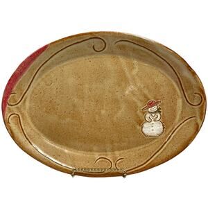 Deep South USA Pottery Snowman Platter Winter Christmas Brown Glazed 13” x 9.5”